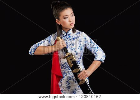 asian woman with japanese sword, Black background