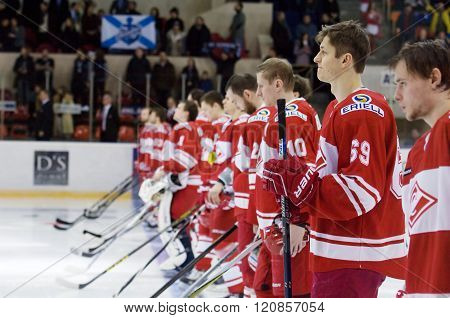 MOSCOW - JANUARY 15: Spartak team just before hockey game Spartak vs Admiral on Russian KHL premier hockey league Championship on January 15 2016 in Moscow Russia. Spartak won 5:4