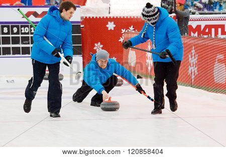 Curling Players Kirill Savenkov (l), Alexey Kulikov (c) And P. Mishin (r)