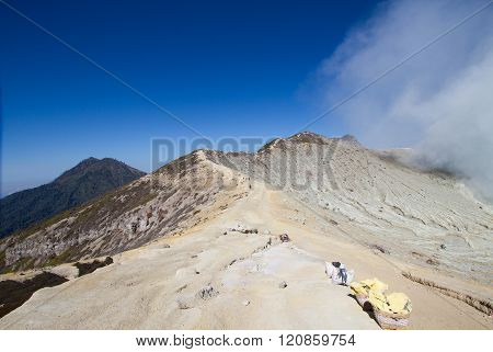 Ijen Crater landscape from the crater, seen on the left is the Ijen only left peak. The Ijen volcano complex is a group of stratovolcanoes in the Banyuwangi Regency of East Java, Indonesia
** Note: Visible grain at 100%, best at smaller sizes