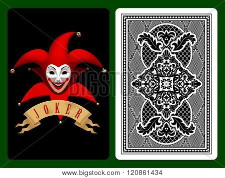 Red Joker playing card on black and backside background. Original design. Vector illustration