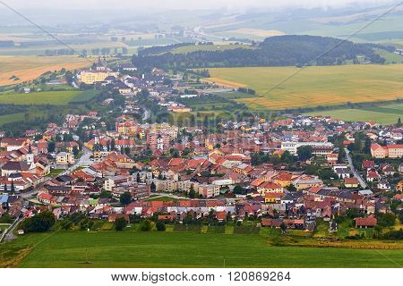 Little European Willage, Houses In Fields, Cloudy Sky, Mountains Landscape