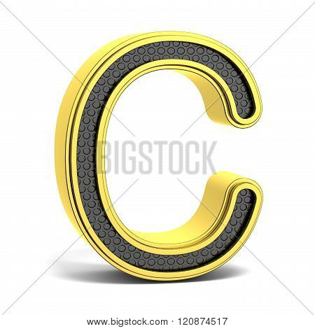 Golden and black round alphabet. Letter C. 3D render illustration isolated on white background with soft shadow