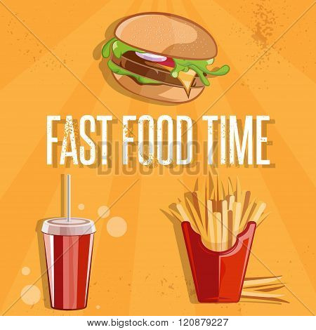 Fast Food Vector Illustration With Burger,fried Potatoes And Cola