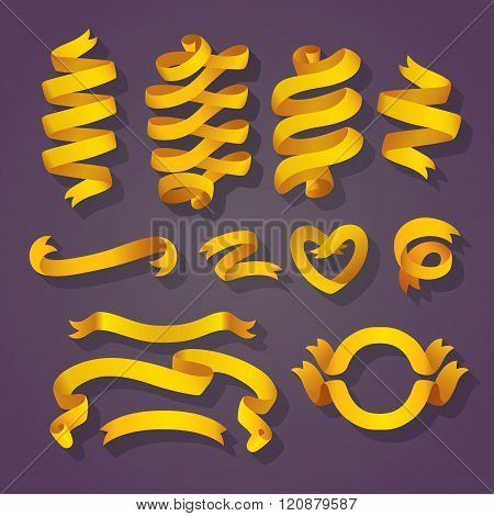 Set of cute curly flat yellow ribbons elements with long shadows