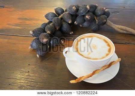 Hot Coffee In Cup And Twisted Sweet Stick Biscuit And Fruit Decoration Wooden Table /hot Coffee With