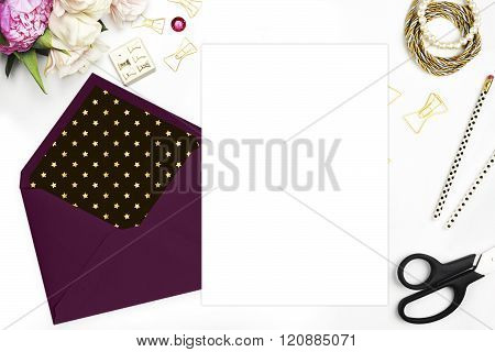 Mock-up product template. Flat lay, wedding invitation blank. Woman modern scene, feminine backgroun