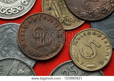 Coins of Nazi Germany. German Reichspfennig coins (1938).