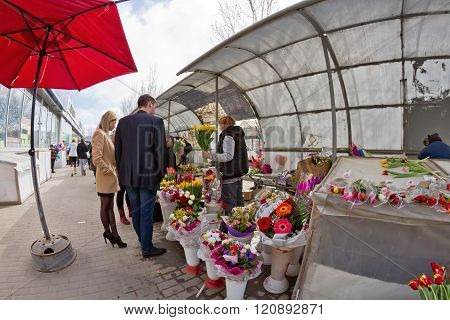 Large Selection Of Flowers At The Makeshift Markets In The City Streets On International Women's Day