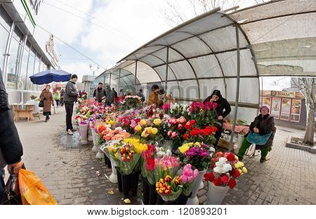 Large Selection Of Flowers At The Makeshift Markets In The City Streets On International Women's Day
