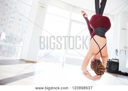 Back view of attractive young woman using hammock for doing antigravity yoga