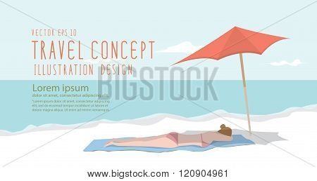 Young Woman Relax On The Beach Heading Banner Flat Vector.