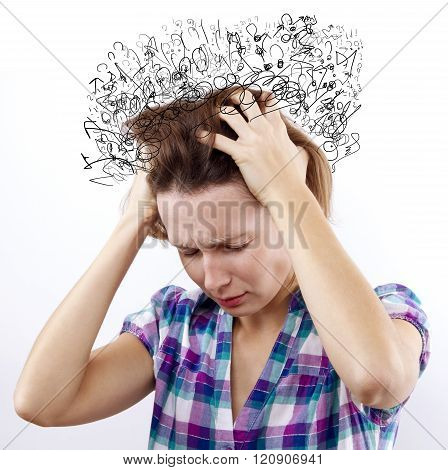 woman with headache holding her hand to the head. So many Thoughts