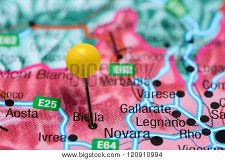 Biella pinned on a map of Italy