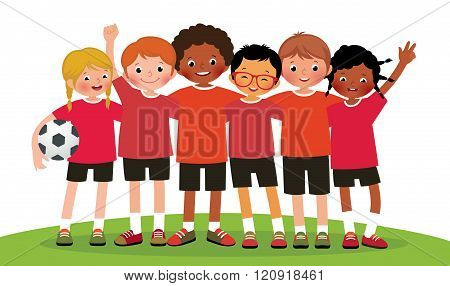 International Group Kids Soccer Team On A White Background