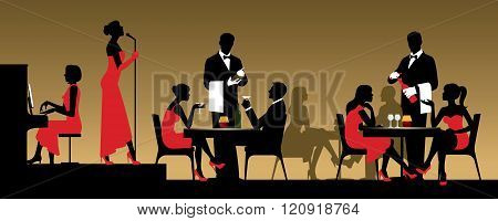 People In Night Club Or Restaurant Sitting At A Table