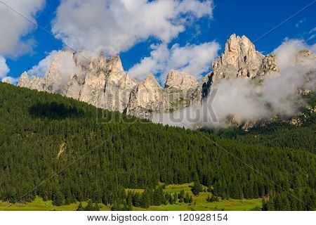 Idyllic Mountain Panorama During The Summer Season In Fassa Valley, Near Pozza Di Fassa