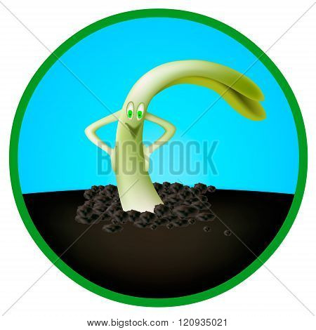 cartoon green sprout, smiling against the sky