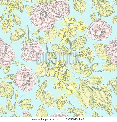 Vintage seamless pattern with pink  roses and jasmine on blue background