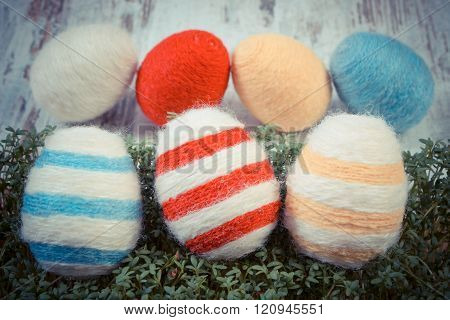 Vintage Photo, Easter Eggs Wrapped Woolen String And Green Cress On Wooden Background, Decoration Fo