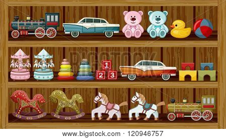 Vintage Toys On The Shelf. Vector