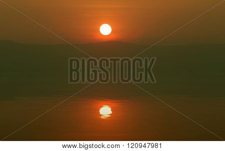 sunset with mountain with water reflection, view from Pha Keb Tawan, Nakhon Ratchasima, Thailand