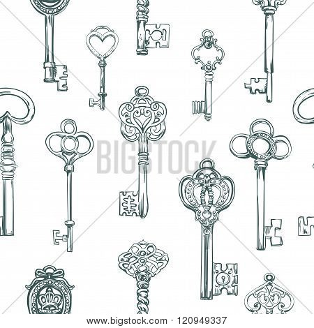 Hand-drawn seamless pattern of various vintage keys.