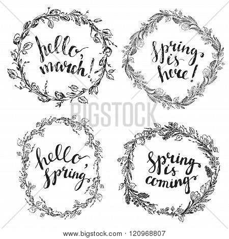 Vector Hand Drawn Line Art Ink Flower Wreaths With Spring Lettering