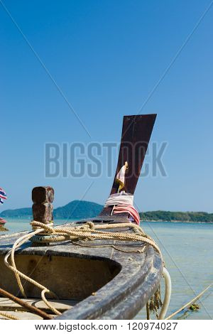 Traditional thai longtail boat at famous sunny Long Beach, Thailand, Koh Phi Phi Don, Krabi province, Andaman sea