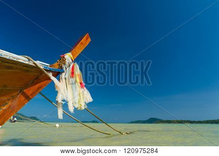 Traditional thai longtail boat at famous sunny Long Beach, Thailand, Koh Phi Phi Don, Krabi province, Andaman sea