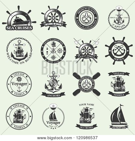 Set of vintage nautical labels, icons and design elements.