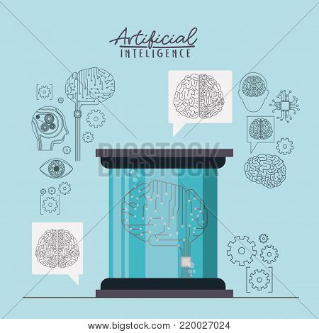 artificial intelligence poster with chip and electronic circuit in shape of brain in transparent container in light blue background vector illustration