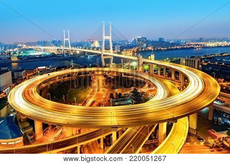 beautiful nanpu bridge at dusk ,crosses huangpu river ,shanghai ,China