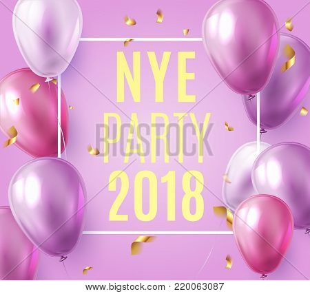 Vector stock elegant purple violet balloon party happy new year celebration festival background. NYE 2018 confetti greeting background with helium shine gold and pink balloon. Rich, VIP, luxury.