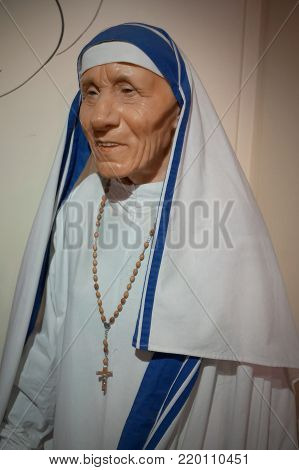 30.12.2017 Wax statue of Mother Tereza in a wax statue museum in the Czech Republic in the capital Prague