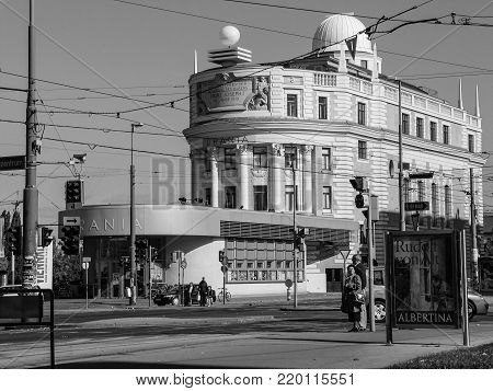 VIENNA, AUSTRIA - OCTOBER 16, 2005: People at Urania Art Nouveau style building in Vienna on October 16, 2005. Urania is a public educational institute and observatory.