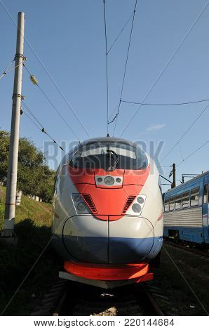 ROSTOV-ON-DON, RUSSIA - CIRCA SEPTEMBER 2009.The Sapsan is a Russian gauge high speed electric express train. Passing washing in the washing sector.