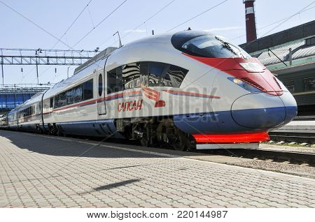 ROSTOV-ON-DON, RUSSIA - CIRCA SEPTEMBER 2009.The Sapsan is a Russian gauge high speed electric express train. Passing washing in the washing sector.