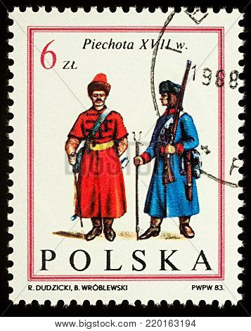 Moscow, Russia - December 31, 2017: A stamp printed in Poland, shows uniform of Non-commissioned infantry officers (17th century), series 