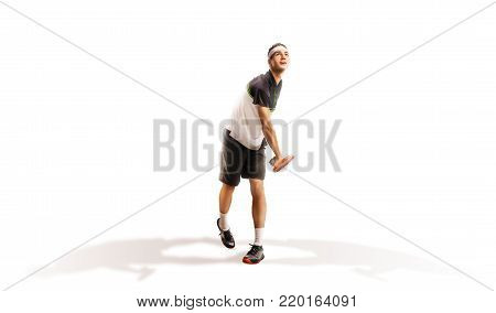 one caucasian man playing tennis player isolated on white background