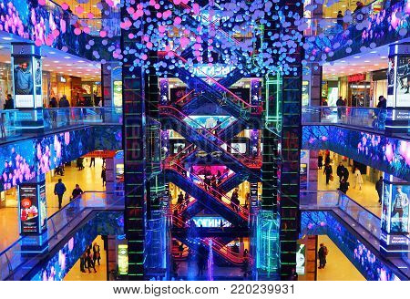 MOSCOW, RUSSIA, DECEMBER 2017: Moscow shopping center European shopping, holiday, New Year's  design of center. Preparation for Christmas
