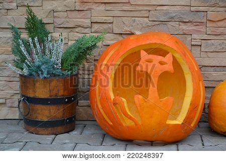 The carved garden pumpkin as a spook on the pantry