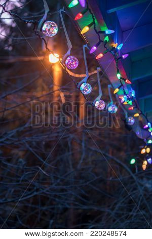 christmas lights on a string hang outside in the evening with copy space.