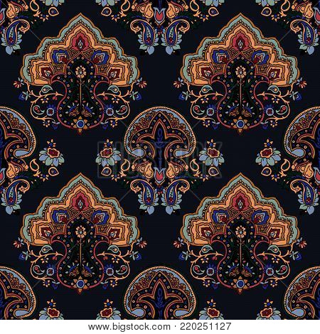 Seamless geometric paisley pattern. Ethnic oriental ornament. Vivid colors on gray background. Textile design.