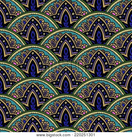 Seamless paisley pattern. Vector ethnic oriental ornament, spectral colors. Geometric background. Textile design.