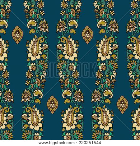 Seamless geometric vector paisley pattern. Ethnic floral motif, primitive oriental elements, vertical waves layout. Yellow, green and turquoise tones.