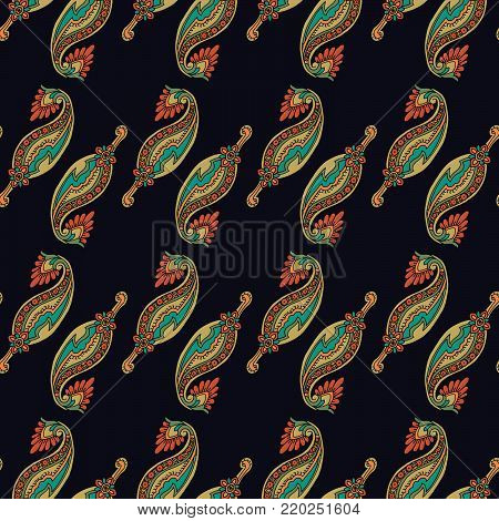Paisley seamless vector pattern. Ethnic floral motif, primitive oriental elements, mirrored diagonal layout, orange and turquoise on dark lilac background.