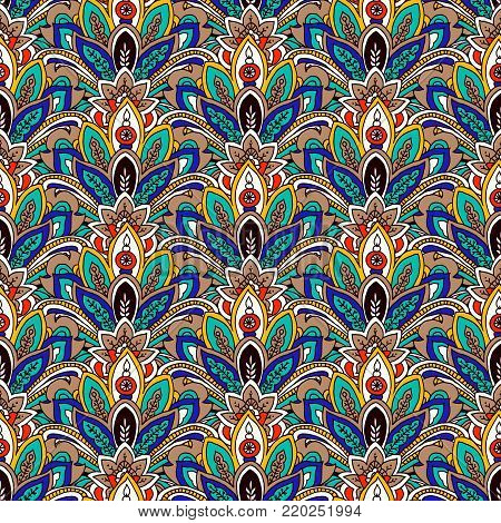 Abstract seamless paisley pattern. Traditional oriental ornament, tropical colors. Geometric background. Textile design.