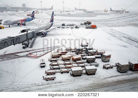 MOSCOW/ RUSSIA - DECEMBER 26, 2017. The flying field in the winter. Sheremetyevo Airport, Moscow, Russia.