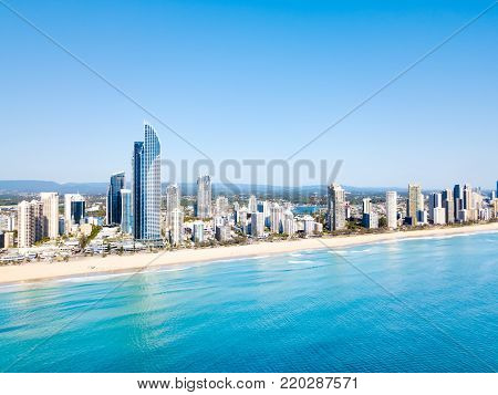 An aerial view of Surfers Paradise on the Gold Coast in Queensland, Australia